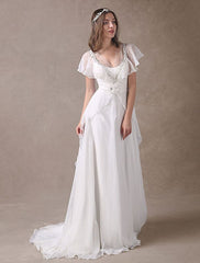 Glamorous Ivory Court Train Wedding Dress With Beading V-Neck Bridal Dress