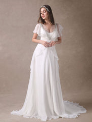 Glamorous Ivory Court Train Wedding Dress With Beading V-Neck Bridal Dress