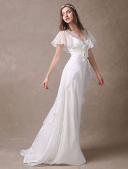 Glamorous Ivory Court Train Wedding Dress With Beading V-Neck Bridal Dress