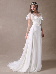 Glamorous Ivory Court Train Wedding Dress With Beading V-Neck Bridal Dress