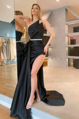 Glamorous Fuchsia Charmeuse Prom Dress High Slit with Flowing Train