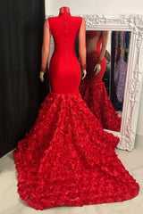 Glamorous High Neck Long Sleeves Prom Dresses Mermaid Flowers Bottom With Beads