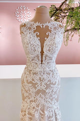 Glamoureuze lange zeemeermin Bateau Appliques kant tule trouwjurk