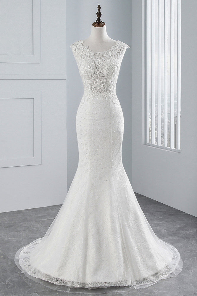 Glamoureuze lange zeemeermin tule appliques kanten trouwjurk
