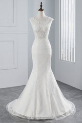 Glamoureuze lange zeemeermin tule appliques kanten trouwjurk