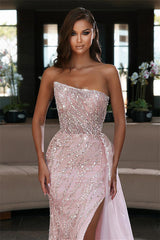 Glamorous Long Strapless Tulle Mermaid Evening Prom Dress with Slit