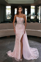 Glamorous Long Strapless Tulle Mermaid Evening Prom Dress with Slit