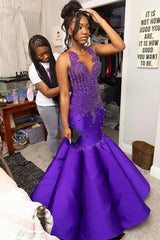 Glamorous Mermaid Purple Sleeveless Crystal Sexy Prom Dress
