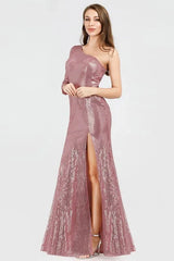 Glamorous One Shoulder Long Sleeve Prom Dress Sequins Mermaid Evening Gowns With Split