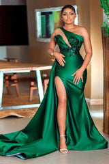 Glamorous One-Shoulder Sequined Mermaid Prom Gown Long with Split