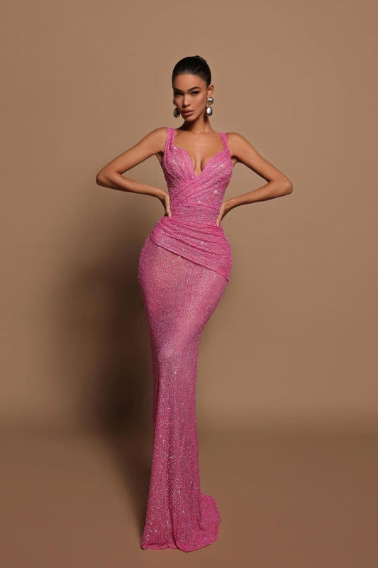 Glamorous Pink Sequin Mermaid Prom Dress Sleeveless with V-Neck
