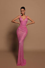 Glamorous Pink Sequin Mermaid Prom Dress Sleeveless with V-Neck