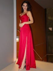 Glamorous Red Spaghetti Strap Prom Gown with Daring Leg Split