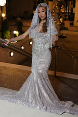 Glamorous Silver Strapless Mermaid Crystal Prom Dress