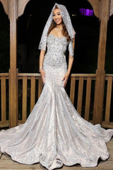 Glamorous Silver Strapless Mermaid Crystal Prom Dress