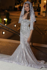 Glamorous Silver Strapless Mermaid Crystal Prom Dress