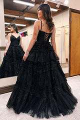 Glamorous Black Tulle Prom Dress V-Neck Sleeveless Aline Evening Dress
