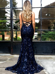 Glamorous Spaghetti Straps Appliques Sequins Open Back Prom Dress