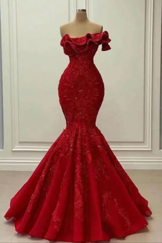 Glamorous Strapless Mermaid Prom Dress Red Sequins Evening Gown
