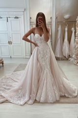 Glamorous Tulle Lace Mermaid Wedding Dress with Detachable Train