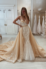 Glamorous Tulle Lace Mermaid Wedding Dress with Detachable Train