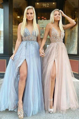 Glamorous V-neck Spaghetti-Straps Tulle Prom Dress Beadings Long Evening Gowns