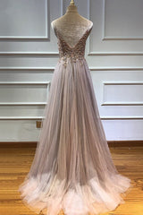 Glamorous V-neck Spaghetti-Straps Tulle Prom Dress Beadings Long Evening Gowns