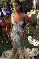 Glamous Jewel Sleeveless Sheer Prom Dresses with Train