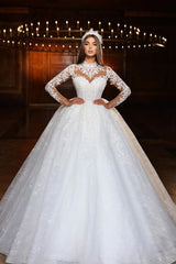 Glitter Appliques Lace Beaded A-Line Wedding Dress Long Sleeves