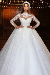 Glitter Appliques Lace Beaded A-Line Wedding Dress Long Sleeves