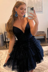 Glitter Black Tiered Spaghetti Straps Short Homecoming Dress