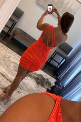 Glitter Orange One épaule Per perle serré Robe Homecoming
