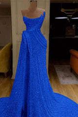 Glitter Sequin Strapless Mermaid Long Prom Dress with Split