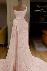 Glitter Sequin Strapless Mermaid Long Prom Dress with Split