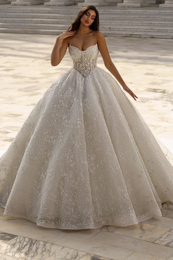 Luxury Glitter Strapless Aline Ball Gown Wedding Dress with Beadings