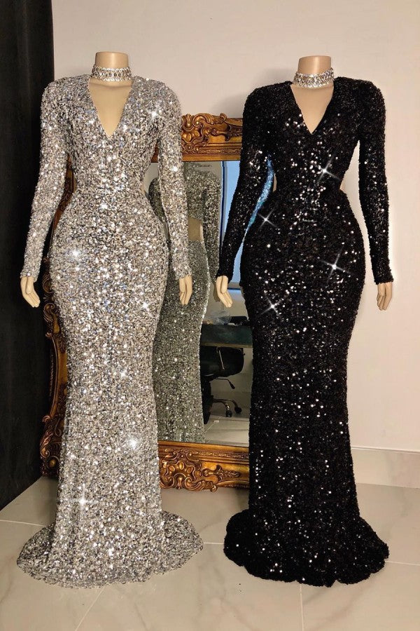 Glittering Crystal Sequins Long Sleevess V-neck Mermaid Prom Dresses