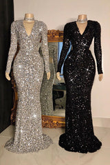 Glittering Crystal Sequins Long Sleevess V-neck Mermaid Prom Dresses