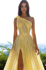 Glittering One Shoulder Daffodil Sequins Prom Dress Long Split Online