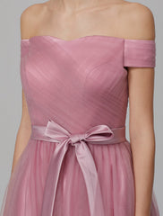 A-Line Off Shoulder Knee Length Tulle Bridesmaid Dress with Sash / Ribbon / Side Draping