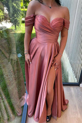 Glorious Dusty Pink Off-The-Shoulder Evening Dress Front Split Prom Dress Sweetheart
