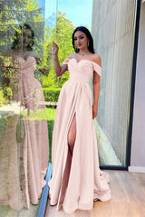 Glorious Dusty Pink Off-The-Shoulder Evening Dress Front Split Prom Dress Sweetheart