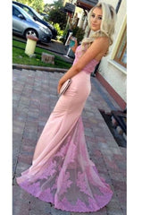 Glorious Pink High Neck Mermaid Sleeveless Prom with Lace Applique Bridesmaid Dress