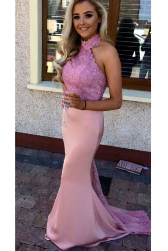 Glorious Pink High Neck Mermaid Sleeveless Prom with Lace Applique Bridesmaid Dress