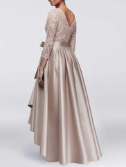 A-Line Mother of the Bride Dress Wedding Guest Elegant Plus Size High Low Jewel Neck Asymmetrical Satin Lace 3/4 Length Sleeve with Sash / Ribbon Appliques