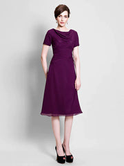 DingjiA-Line Mother of the Bride Dress Cowl Neck Tea Length Chiffon Short Sleeve with Ruched Side Draping