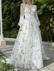 Beach Wedding Dresses in Color Wedding Dresses A-Line V Neck Long Sleeve Court Train Lace Bridal Gowns With Flower