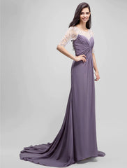 A-Line Mother of the Bride Dress Elegant Scoop Neck Floor Length Chiffon Half Sleeve No with Criss Cross Beading