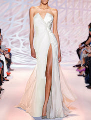 Sheath / Column Evening Gown Color Block Dress Wedding Guest Party Wear Sweep / Brush Train Sleeveless Strapless Polyester with Slit