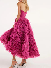 A-Line Prom Dresses Floral Dress Wedding Guest Quinceanera Ankle Length Sleeveless Strapless Tulle Backless with Ruched