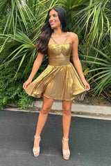 Halter Champagne Metallic Keyhole Pleated A-Line Cocktail Dress